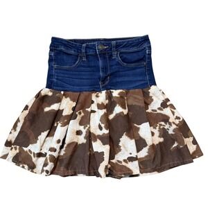 American Eagle Denim Skirt Cow Print Pleated Ruffle Bottom Western Bohemian Sz 6